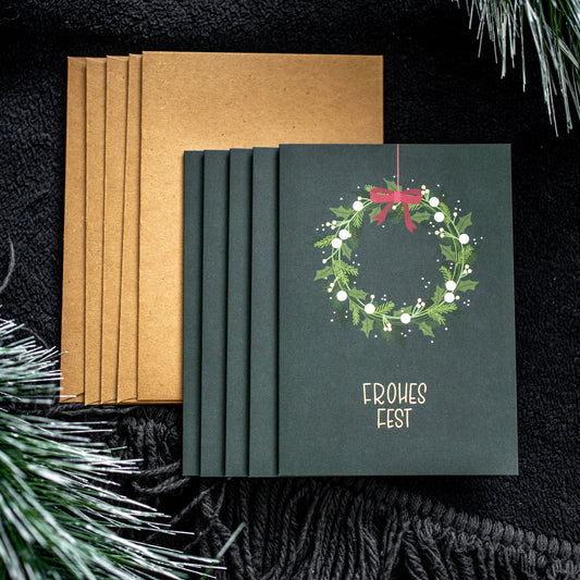 5er-Set Klappkarte "Weihnachtskranz" mit Goldprägung & Umschlägen