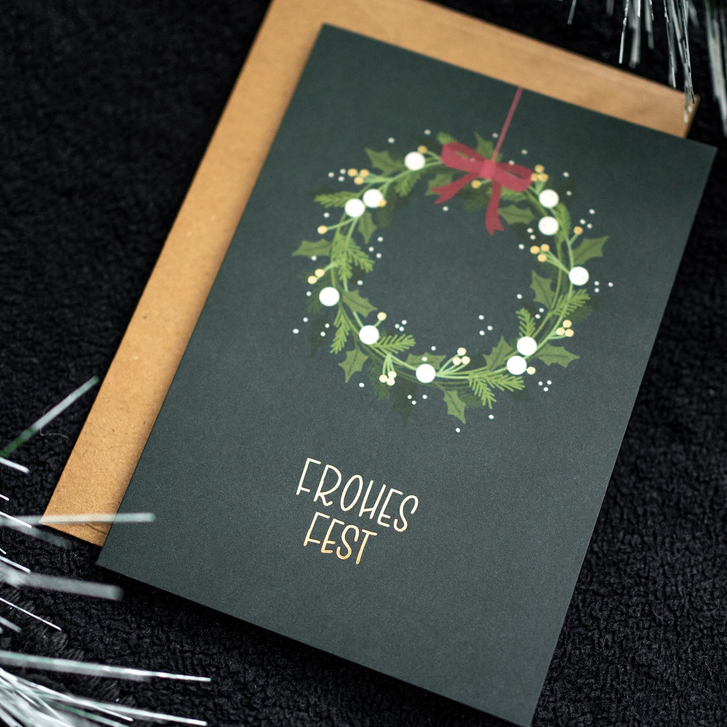 Klappkarte "Weihnachtskranz" mit Goldprägung & Umschlag
